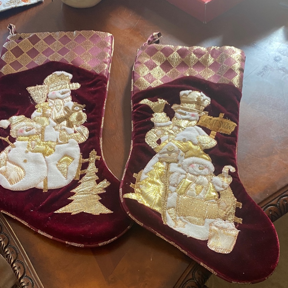 Festive Burgundy and Gold Christmas Snowman Stockings